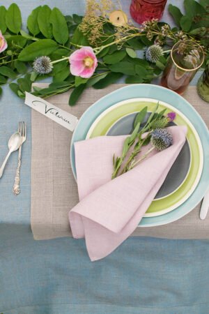 Blush pink linen napkins to decor Your festive table, looks so great with pastel colors plates, and flower decor on the table. And can be added natural linen placemats