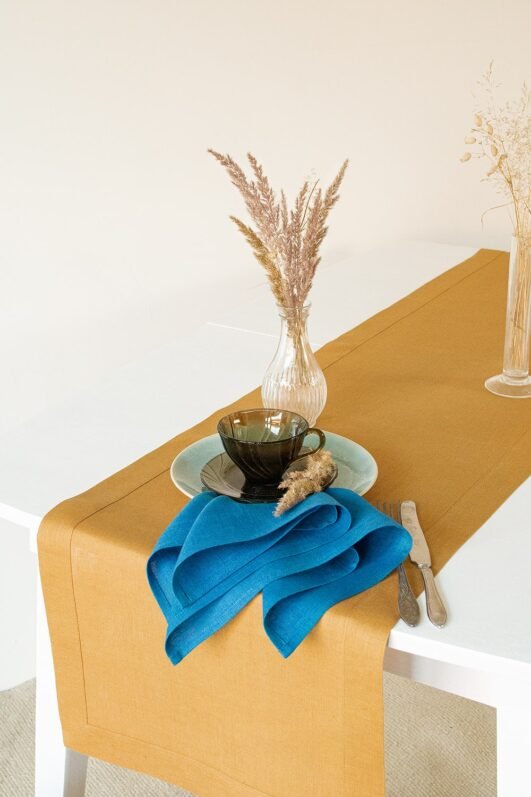 Sky blue stone washed linen napkins with simple hem.