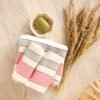 Striped heavy linen towels stipes goes through the towel with different pastel colors.