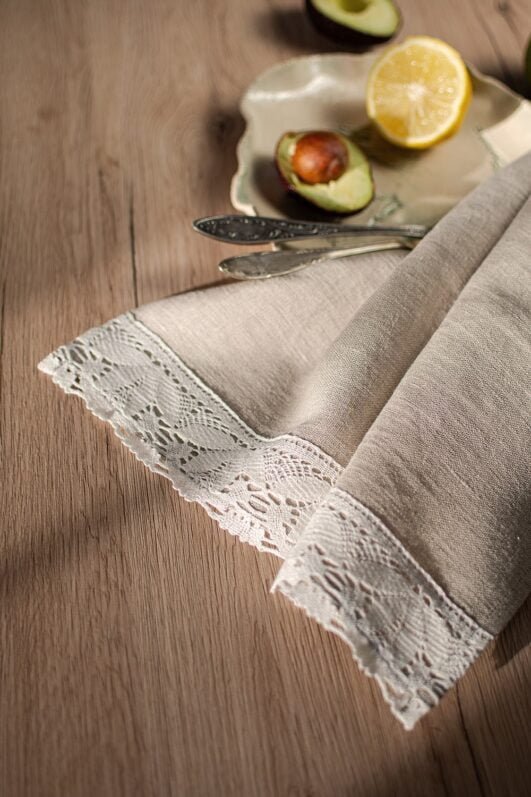 natural linen towels with off white luxury lace on one edge. to decor the kitchen.