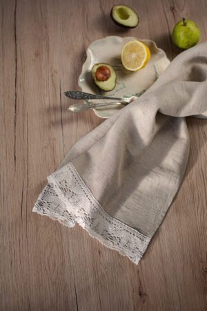 natural linen towels with off white luxury lace on one edge. to decor the kitchen.