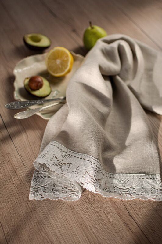 natural linen towels with off white luxury lace on one edge. to decor the kitchen.