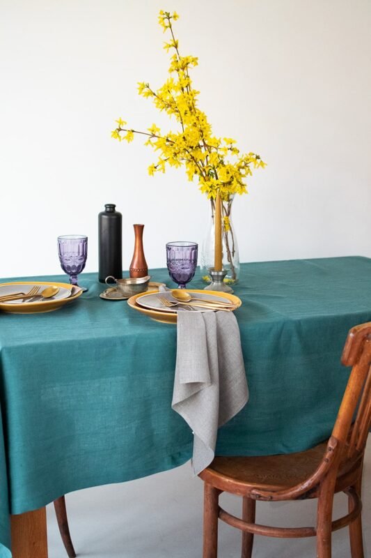 Teal linen tablecloth with the mitered corners. Soft stone washed linen.