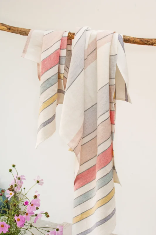 Heavy linen off white towels with colored stripes