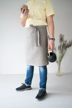 Natural linen unisex waist apron with one big pocket and long straps
