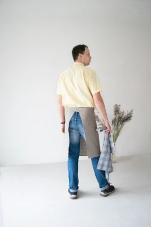 Natural linen unisex waist apron with one big pocket and long straps
