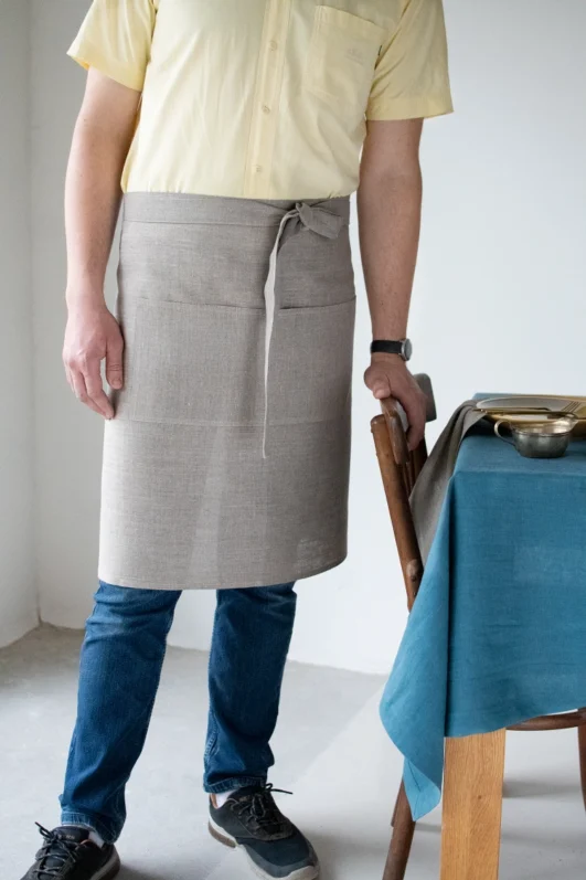Natural linen unisex waist apron with one big pocket and long straps