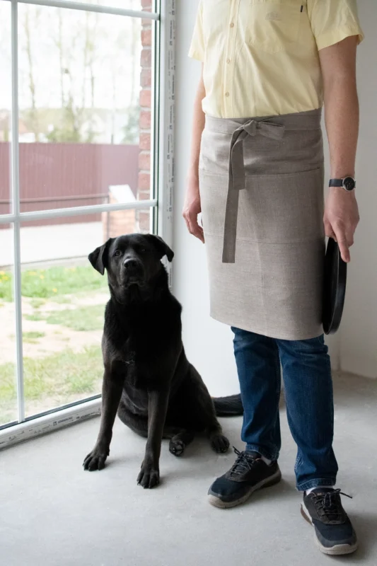 Natural linen unisex waist apron with one big pocket and long straps