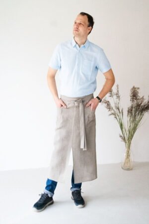 Natural linen apron, unisex waist long-length apron with pockets