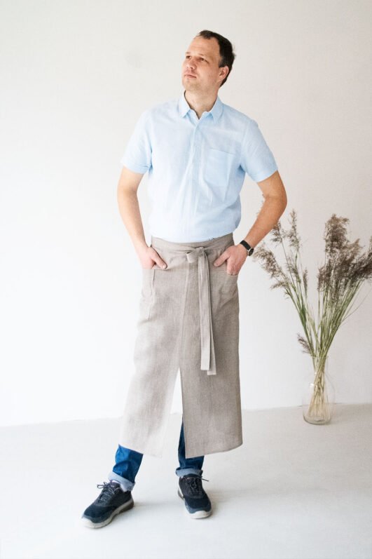 Natural linen apron, unisex waist long-length apron with pockets