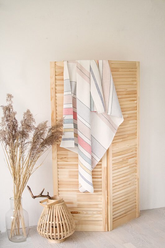 Striped bath linen towel - off white with pastel colors. Heavy soft large linen towels.