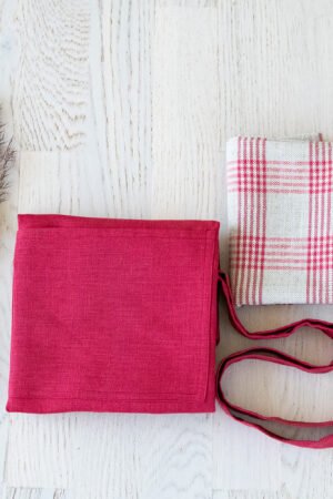 Set of bordeaux linen apron with plaid linen tea towel, best gift for new home.