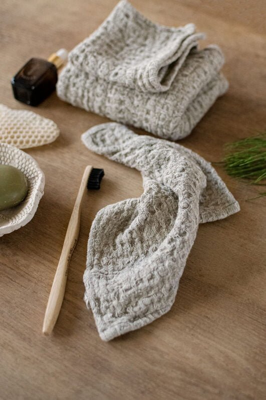 Small linen towels made from natural undyed rustic waffle linen, perfect gift linen towel.