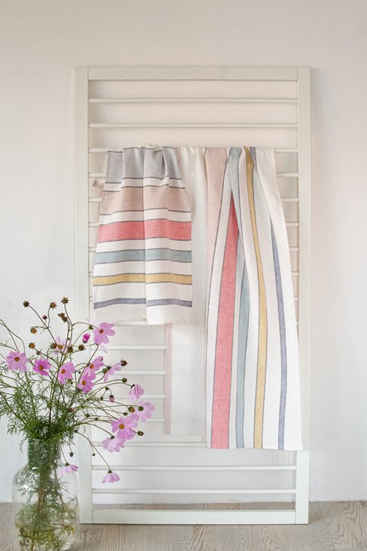 Striped bath linen towel - off white with pastel colors. Heavy soft large linen towels.