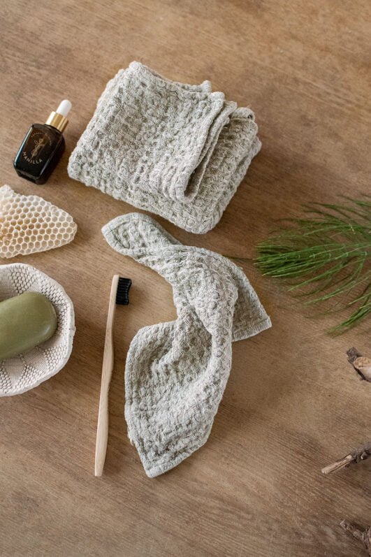 Small linen towels made from natural undyed rustic waffle linen, perfect gift linen towel.