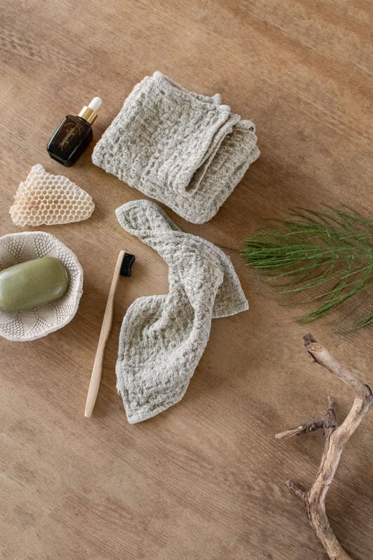 Small linen towels made from natural undyed rustic waffle linen, perfect gift linen towel.