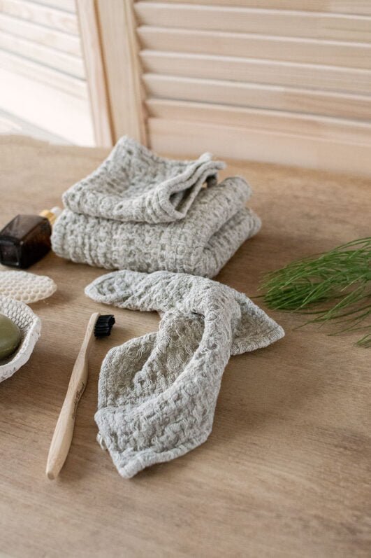 Small linen towels made from natural undyed rustic waffle linen, perfect gift linen towel.