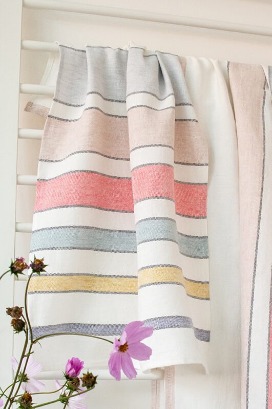 Off White heavy linen tea towels with pastel colors stripes. Great kitchen decor with hanging loop.