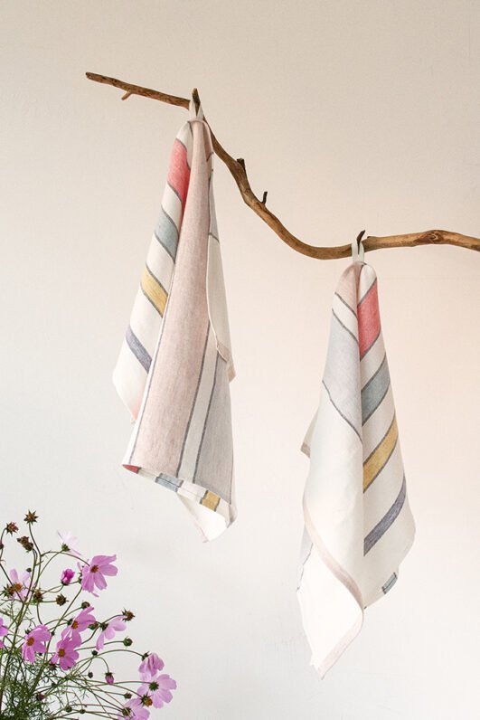 Off White heavy linen tea towels with pastel colors stripes. Great kitchen decor with hanging loop.
