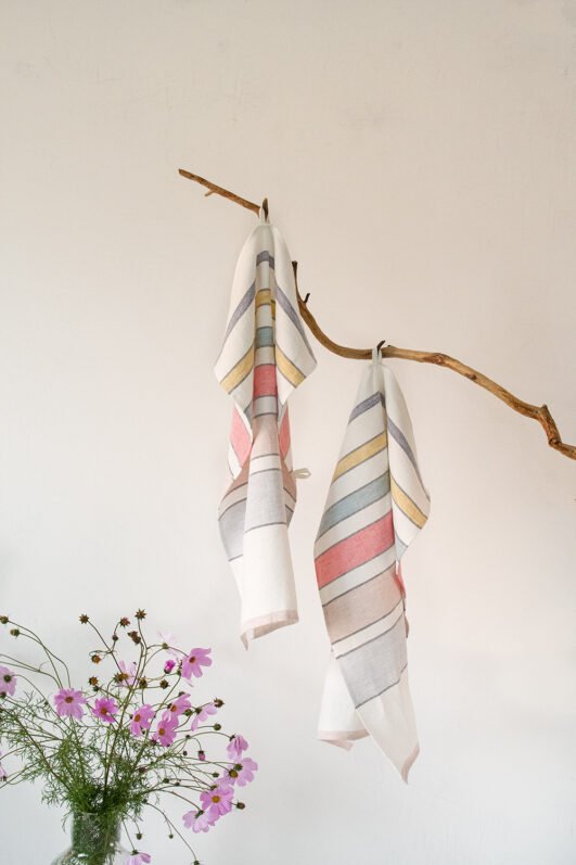 Off White heavy linen tea towels with pastel colors stripes. Great kitchen decor with hanging loop.