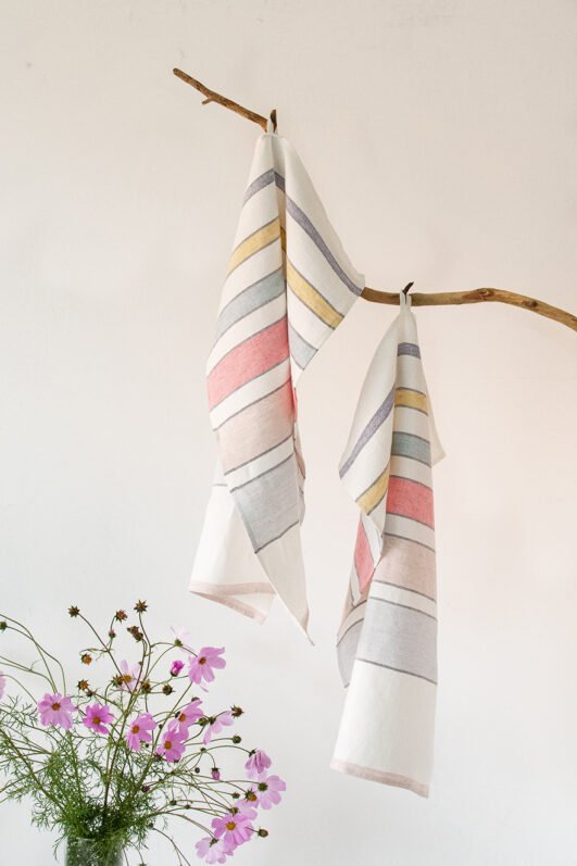 Off White heavy linen tea towels with pastel colors stripes. Great kitchen decor with hanging loop.