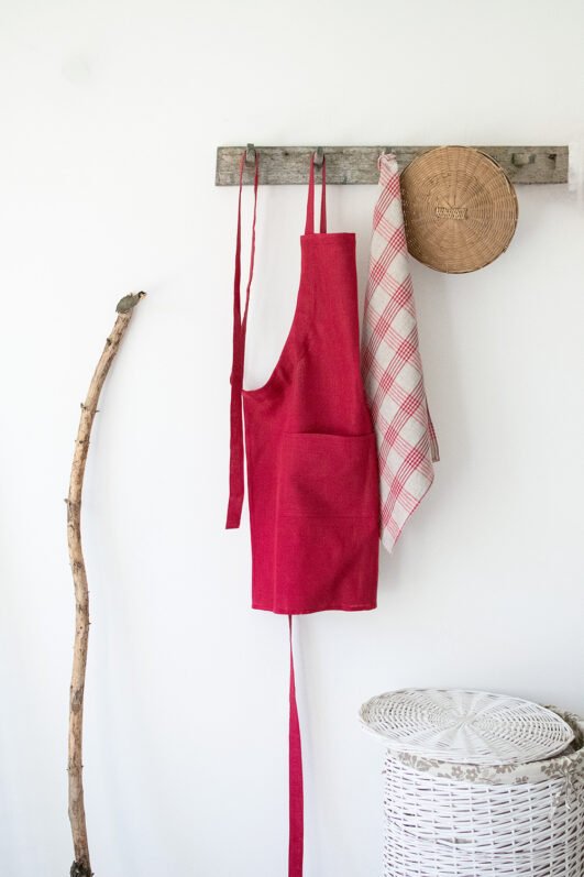 Set of bordeaux linen apron with plaid linen tea towel, best gift for new home.