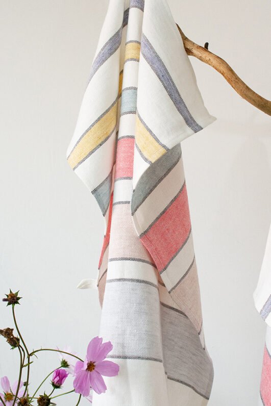 Off White heavy linen tea towels with pastel colors stripes. Great kitchen decor with hanging loop.