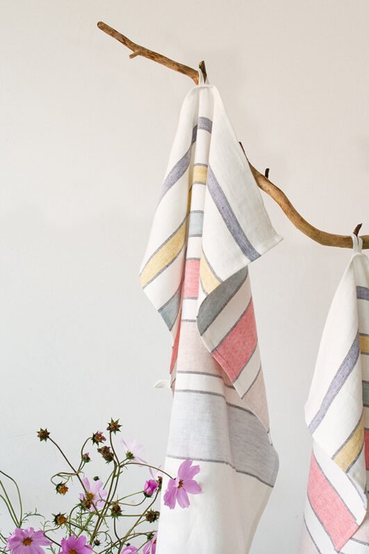 Off White heavy linen tea towels with pastel colors stripes. Great kitchen decor with hanging loop.