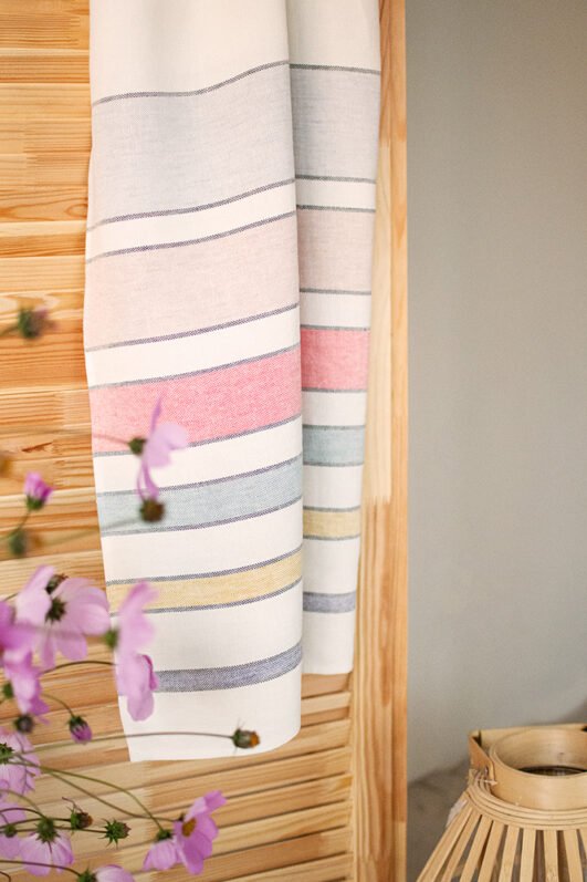 Striped bath linen towel - off white with pastel colors. Heavy soft large linen towels.