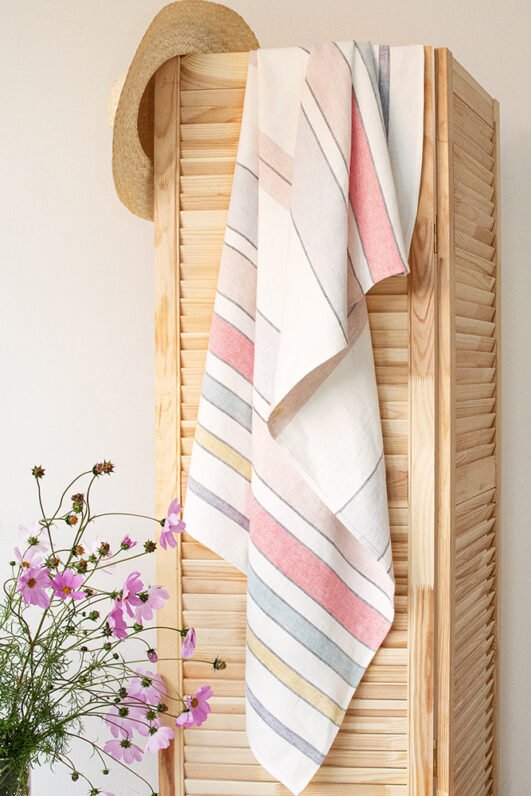 Striped bath linen towel - off white with pastel colors. Heavy soft large linen towels.