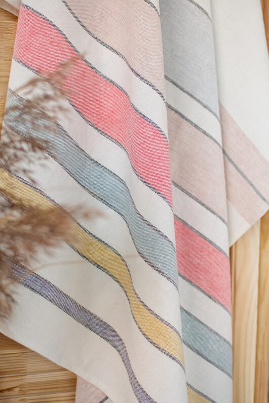 Striped bath linen towel - off white with pastel colors. Heavy soft large linen towels.