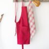 Set of bordeaux linen apron with plaid linen tea towel, best gift for new home.