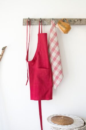 Set of bordeaux linen apron with plaid linen tea towel, best gift for new home.