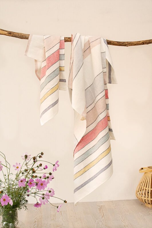 Striped bath linen towel - off white with pastel colors. Heavy soft large linen towels.