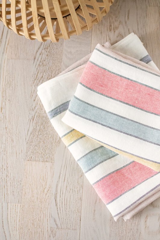 Striped bath linen towel - off white with pastel colors. Heavy soft large linen towels.