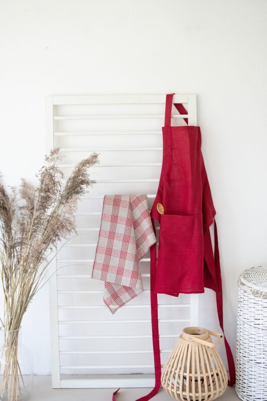 Set of bordeaux linen apron with plaid linen tea towel, best gift for new home.