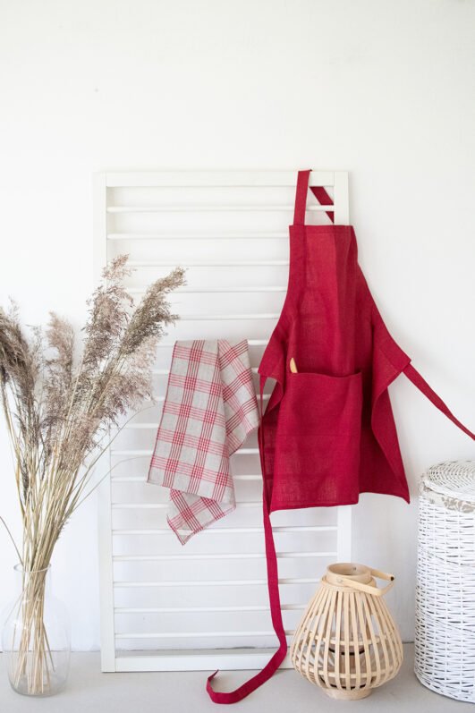 Set of bordeaux linen apron with plaid linen tea towel, best gift for new home.