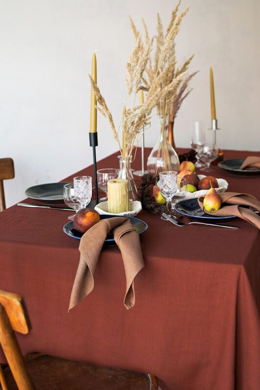 Terracotta linen tablecloth made from stone washed linen. And this table cloth made with luxury finishing. Elegant boho look so great for the festive, birthdays and thanksgiving.