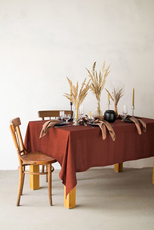 Terracotta linen tablecloth made from stone washed linen. And this table cloth made with luxury finishing. Elegant boho look so great for the festive, birthdays and thanksgiving.