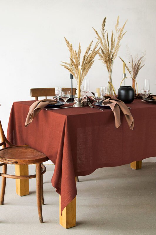 Terracotta linen tablecloth made from stone washed linen. And this table cloth made with luxury finishing. Elegant boho look so great for the festive, birthdays and thanksgiving.