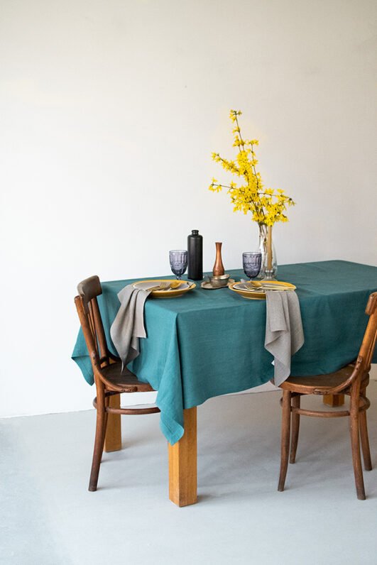 Teal linen table cloth made from stone washed linen with luxury finishing - mitered corners.