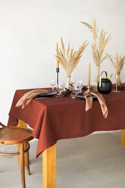 Terracotta linen tablecloth made from stone washed linen. And this table cloth made with luxury finishing. Elegant boho look so great for the festive, birthdays and thanksgiving.