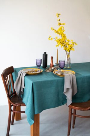 Teal linen table cloth made from stone washed linen with luxury finishing - mitered corners.