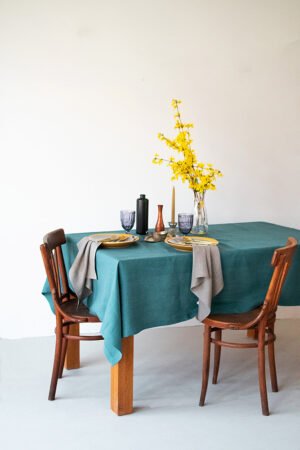 Teal linen table cloth made from stone washed linen with luxury finishing - mitered corners.