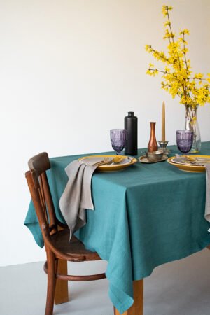 Teal linen table cloth made from stone washed linen with luxury finishing - mitered corners.