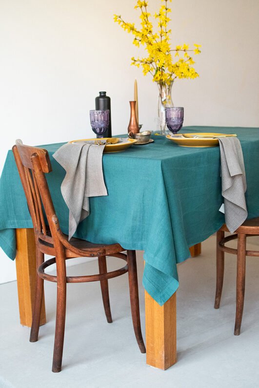Teal linen table cloth made from stone washed linen with luxury finishing - mitered corners.