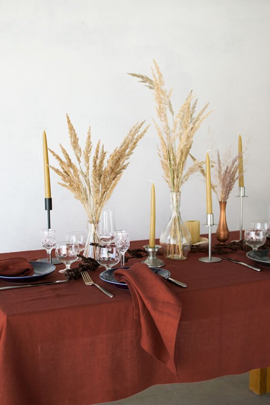 Terracotta linen tablecloth made from stone washed linen. And this table cloth made with luxury finishing. Elegant boho look so great for the festive, birthdays and thanksgiving.