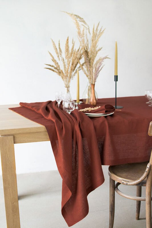 Terracotta linen tablecloth made from stone washed linen. And this table cloth made with luxury finishing. Elegant boho look so great for the festive, birthdays and thanksgiving.
