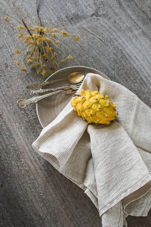Light natural linen tea towels set to use in the kitchen like hand towels or dish cloth. towels are made from gingham fabric.