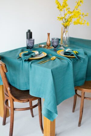 Teal linen table cloth made from stone washed linen with luxury finishing - mitered corners.